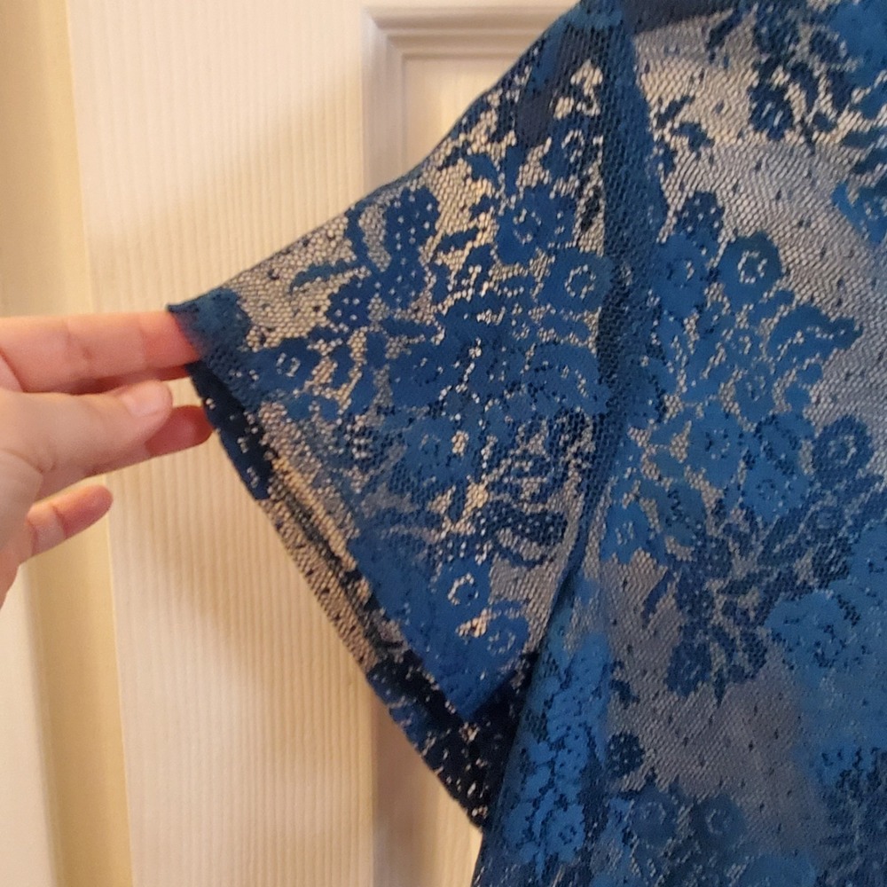 Lane Bryant sz 18/20 sheer lace Teal‎ Blue short slv peplum top boho going out - Picture 4 of 10